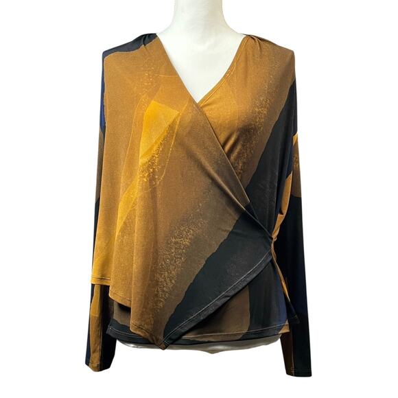 Clara Sun Woo Top Crossover Faux Wrap Size Large Mustard Navy Long Sleeve Work - Picture 2 of 9